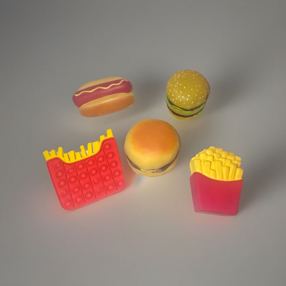 Set of 5 Fast Food Toy Figures - Burger, Hot Dog, French Fries